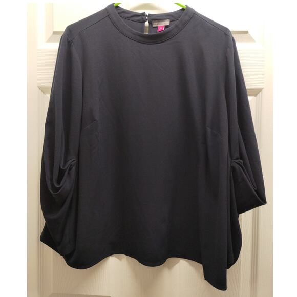 Vince Camuto Plus Size 1X Navy Blue Long Gathered Sleeves Keyhole Back Blouse - Picture 1 of 7